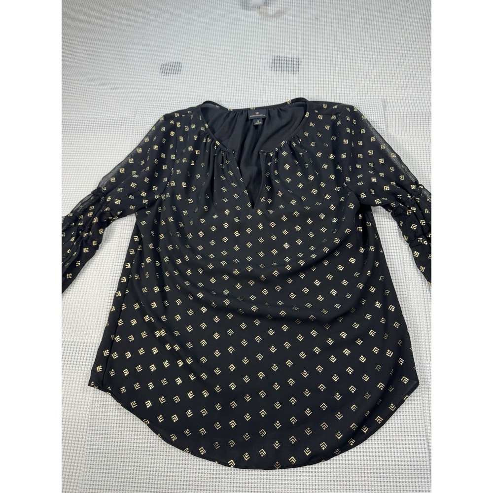 Worthington Womens Small Black Gold Geometric Print Peasant Blouse Sheer Sleeve
